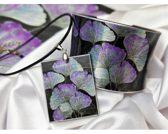 Bratara si colier Ginkgo Biloba negru-violet
