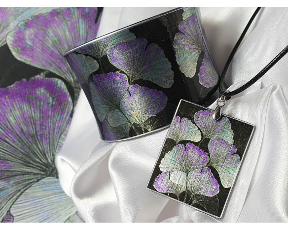 Bratara si colier Ginkgo Biloba negru-violet